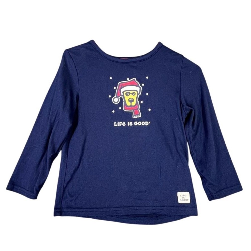 Life Is Good Sleep Pajama Shirt Christmas Santa‎ Dog Navy Long Sleeve Graphic 4T